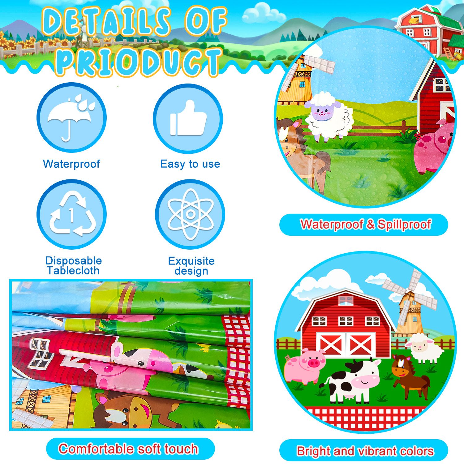 Farm Animal Tablecloth,3pcs Barnyard Theme Tablecloths Set - Farm Animal Party Tablecloth,Farm Tablecloth & Farm Animals Tablecover, for Farm Party Decorations & Farm Birthday Decorations Supplies