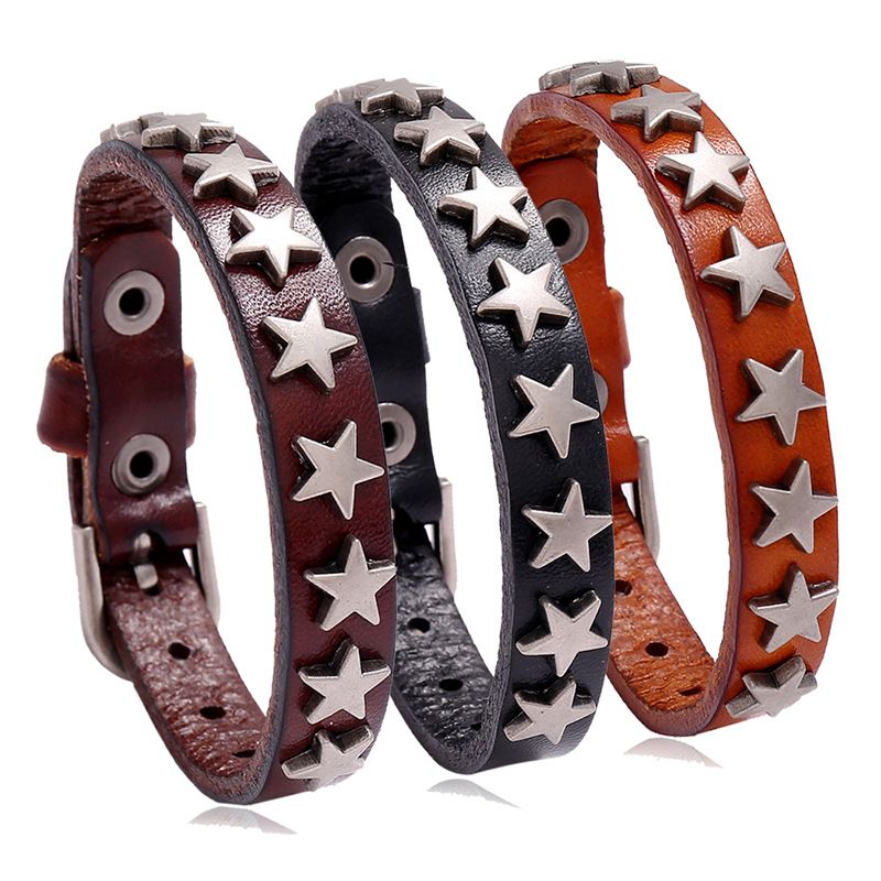 Men Leather Bracelet Punk Retro New Fashion Star Cowhand Bracelet Bar Hip-hop Jewelry Accessories