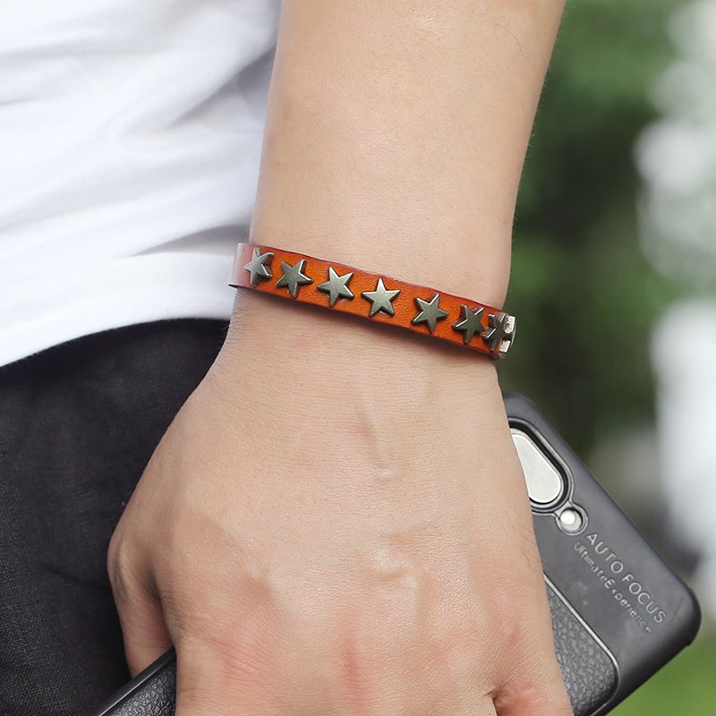 Men Leather Bracelet Punk Retro New Fashion Star Cowhand Bracelet Bar Hip-hop Jewelry Accessories