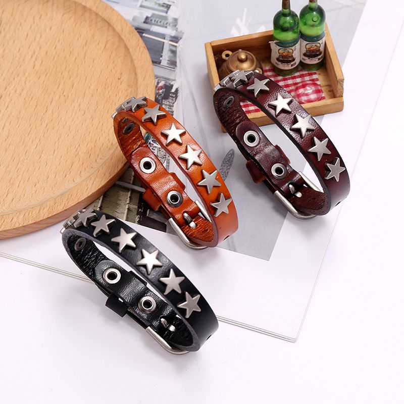 Men Leather Bracelet Punk Retro New Fashion Star Cowhand Bracelet Bar Hip-hop Jewelry Accessories