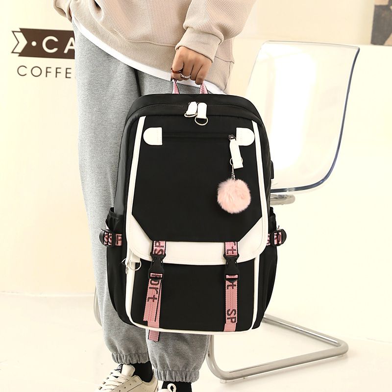 Fengdong large school bags for teenage girls USB port canvas schoolbag student Backpacks &amp; Bookbag