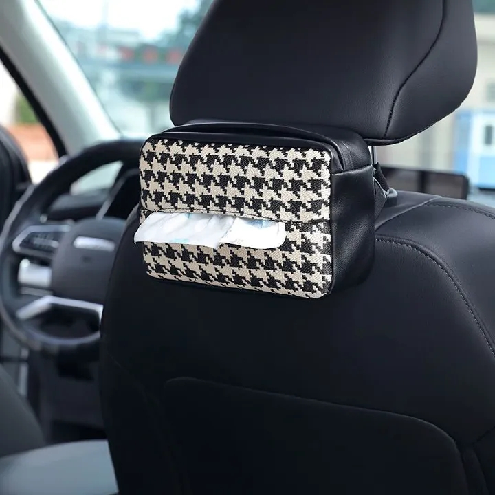 Car Tissue Box, Knitted PU Leather Car Seat Headrest Hanging Tissue Box, Multifunctional Car Tissue Box