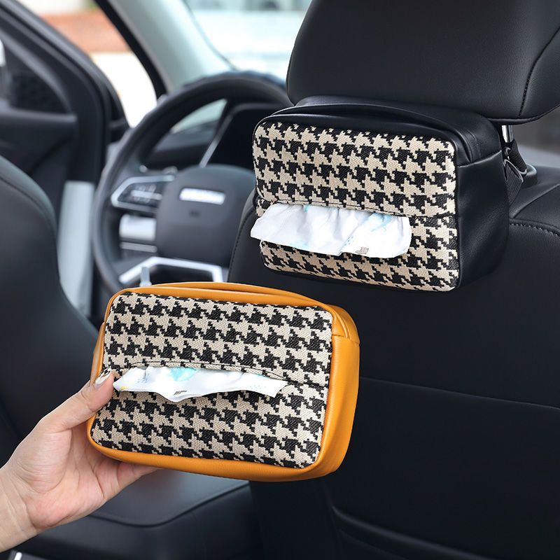 Car Tissue Box, Knitted PU Leather Car Seat Headrest Hanging Tissue Box, Multifunctional Car Tissue Box