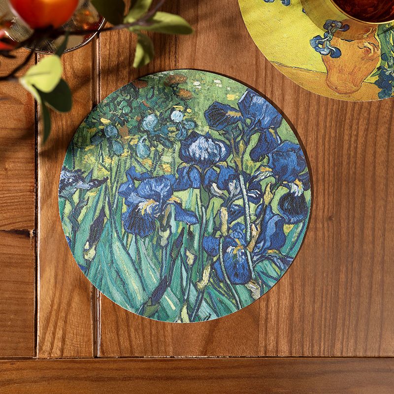 4pcs Placemats Waterproof and Oil-proof No-wash Table Mat Round Desktop Insulation Pad Art Van Gogh Sunflower Leather Coasters
