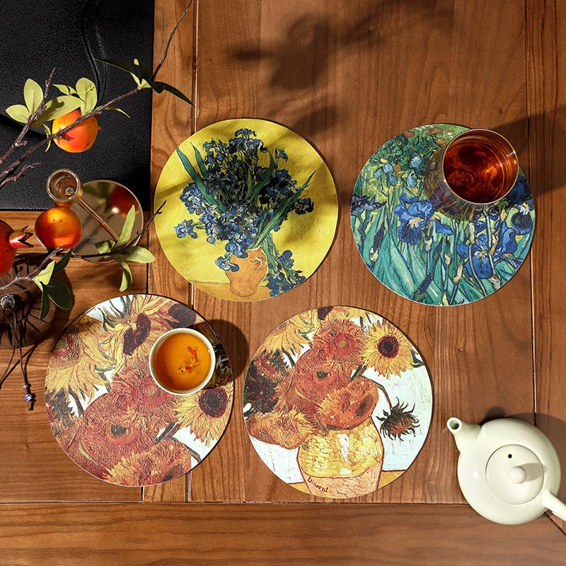 4pcs Placemats Waterproof and Oil-proof No-wash Table Mat Round Desktop Insulation Pad Art Van Gogh Sunflower Leather Coasters