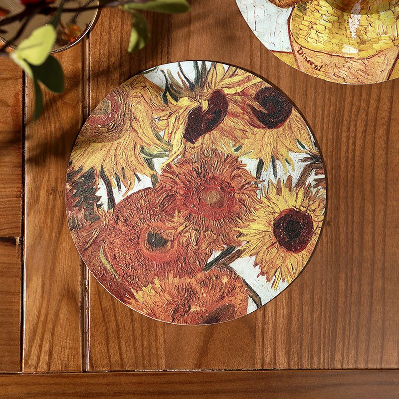 4pcs Placemats Waterproof and Oil-proof No-wash Table Mat Round Desktop Insulation Pad Art Van Gogh Sunflower Leather Coasters