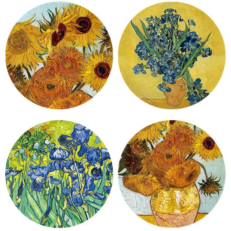 4pcs Placemats Waterproof and Oil-proof No-wash Table Mat Round Desktop Insulation Pad Art Van Gogh Sunflower Leather Coasters