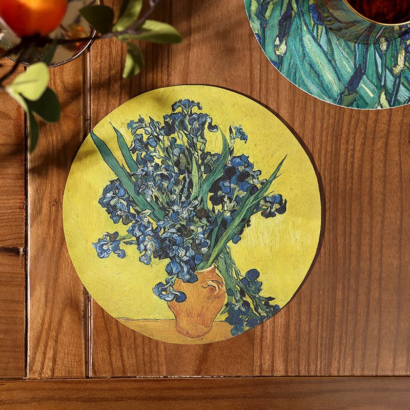 4pcs Placemats Waterproof and Oil-proof No-wash Table Mat Round Desktop Insulation Pad Art Van Gogh Sunflower Leather Coasters