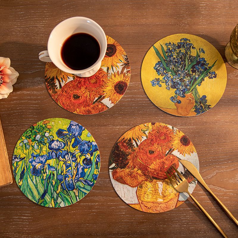 4pcs Placemats Waterproof and Oil-proof No-wash Table Mat Round Desktop Insulation Pad Art Van Gogh Sunflower Leather Coasters