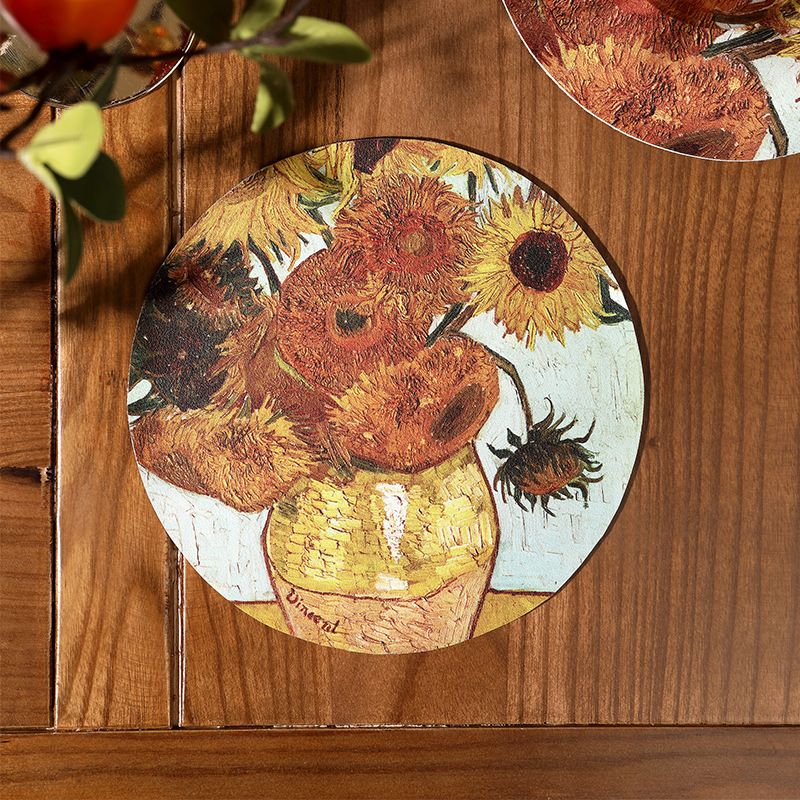 4pcs Placemats Waterproof and Oil-proof No-wash Table Mat Round Desktop Insulation Pad Art Van Gogh Sunflower Leather Coasters