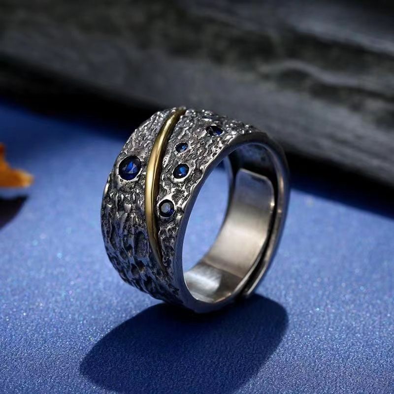 Sterling Silver Starry sky Ring Men Adjustable Ring Pure Silver Punk Rock Mens Ring Gothic Halloween Jewelry Gift