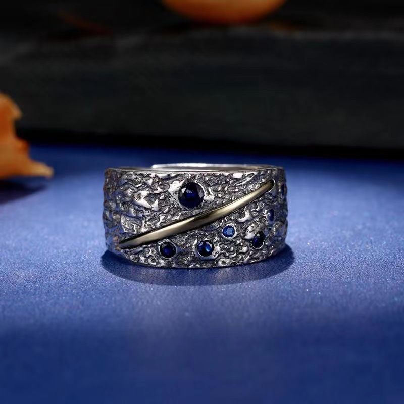 Sterling Silver Starry sky Ring Men Adjustable Ring Pure Silver Punk Rock Mens Ring Gothic Halloween Jewelry Gift