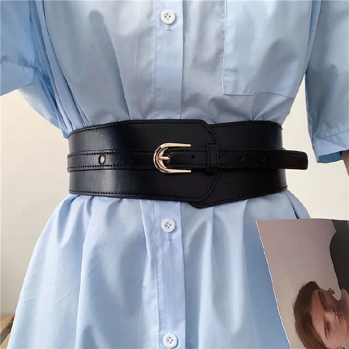Women Black Wide Belt Elastic Gold Pin Buckle Leather Belts For Female Lady Dress Coat Waist Corset Strap Cummerbund