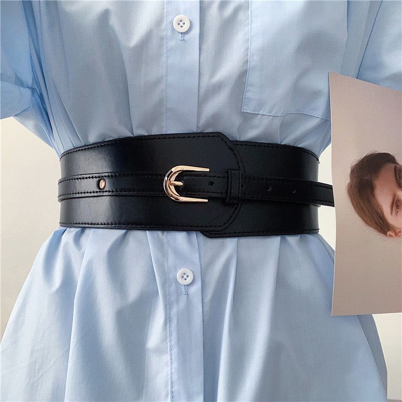 Women Black Wide Belt Elastic Gold Pin Buckle Leather Belts For Female Lady Dress Coat Waist Corset Strap Cummerbund