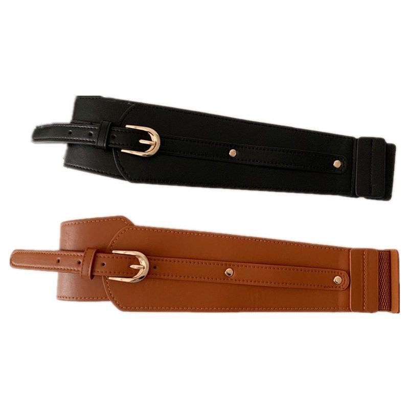 Women Black Wide Belt Elastic Gold Pin Buckle Leather Belts For Female Lady Dress Coat Waist Corset Strap Cummerbund