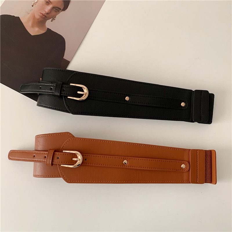 Women Black Wide Belt Elastic Gold Pin Buckle Leather Belts For Female Lady Dress Coat Waist Corset Strap Cummerbund