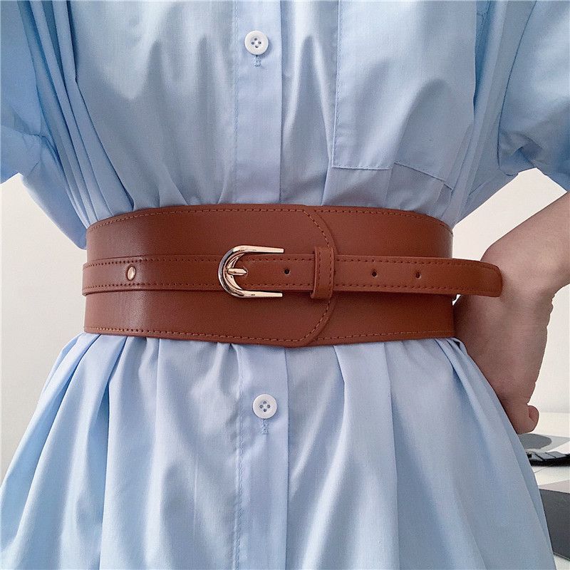 Women Black Wide Belt Elastic Gold Pin Buckle Leather Belts For Female Lady Dress Coat Waist Corset Strap Cummerbund