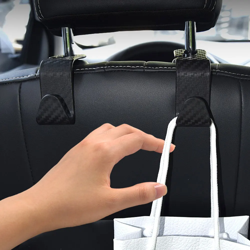 4pcs Car Seat Headrest Hook Storage Hanger Carbon Fiber Style Seat Organizer Holder for Handbag Purse Clothes Decor Car Interior