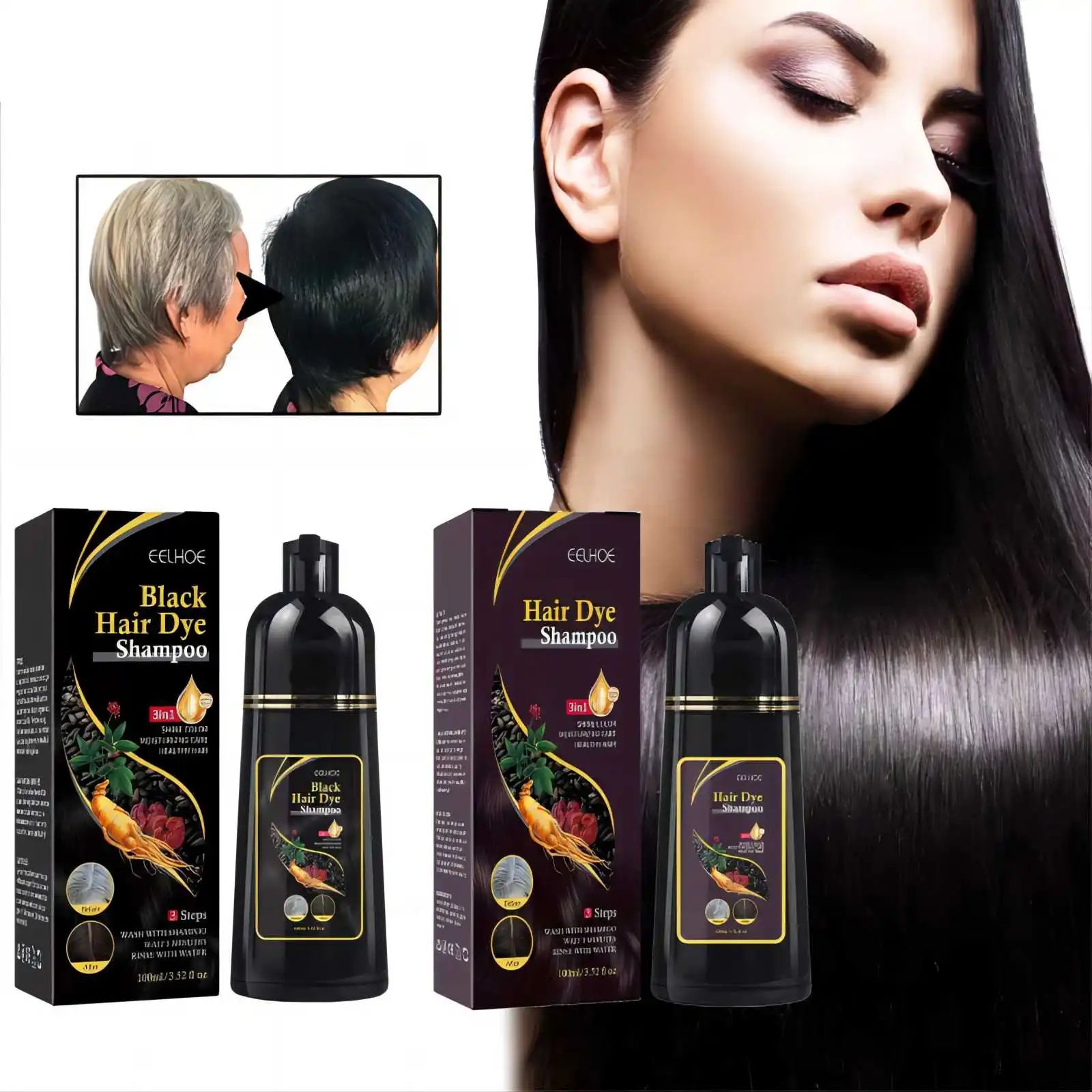EELHOE Hair Color Dye Shampoo Gray White Cover Natural Fast Dye Repair Dry Damaged Cleaning Nourishing Roots Restore Black Hair Shampoo