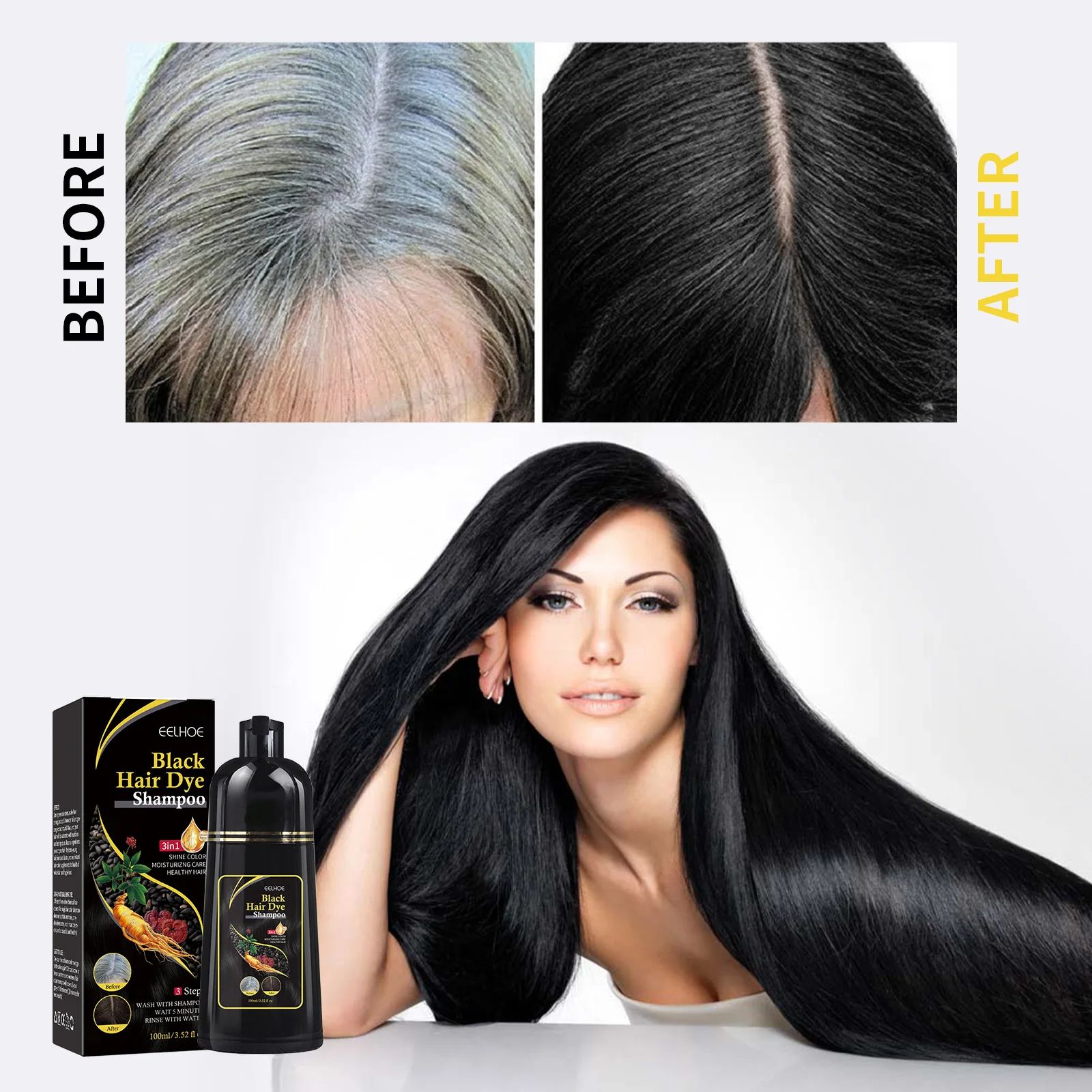 EELHOE Hair Color Dye Shampoo Gray White Cover Natural Fast Dye Repair Dry Damaged Cleaning Nourishing Roots Restore Black Hair Shampoo