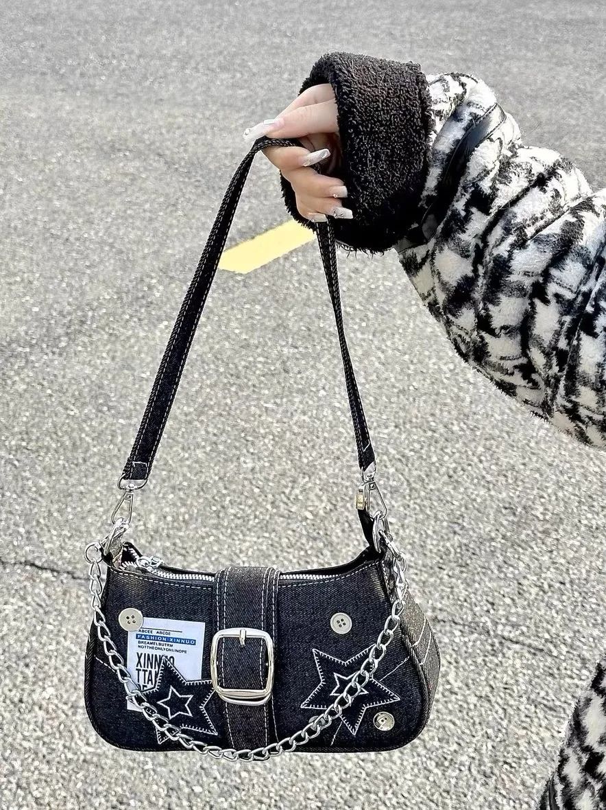 Y2k Fashion Women's Handbags Stars Pattern Cool Girls Underarm Bag Vintage Canvas Female Small Shoulder Bags Chain Tote Purses