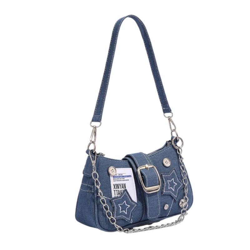 Y2k Fashion Women's Handbags Stars Pattern Cool Girls Underarm Bag Vintage Canvas Female Small Shoulder Bags Chain Tote Purses