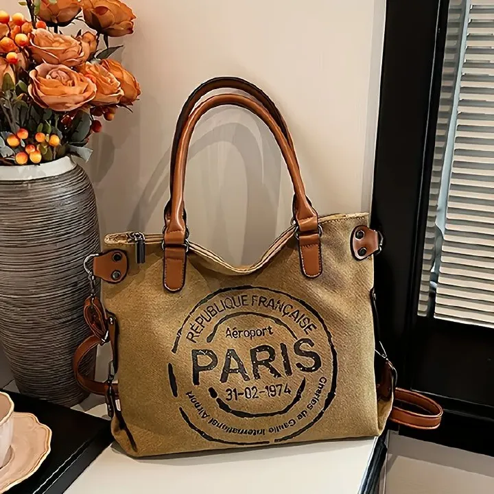 [Parisian Tote] Large Capacity Tote Bag With Parisian Monogram Print | Women's Fashion Shoulder Bags And Crossbody Bags - Detachable Shoulder Strap, Zipper Closure, Polyester Lining, Travel Shoulder