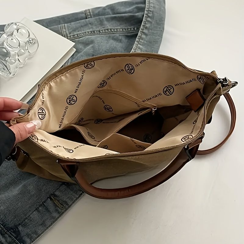 [Parisian Tote] Large Capacity Tote Bag With Parisian Monogram Print | Women's Fashion Shoulder Bags And Crossbody Bags - Detachable Shoulder Strap, Zipper Closure, Polyester Lining, Travel Shoulder