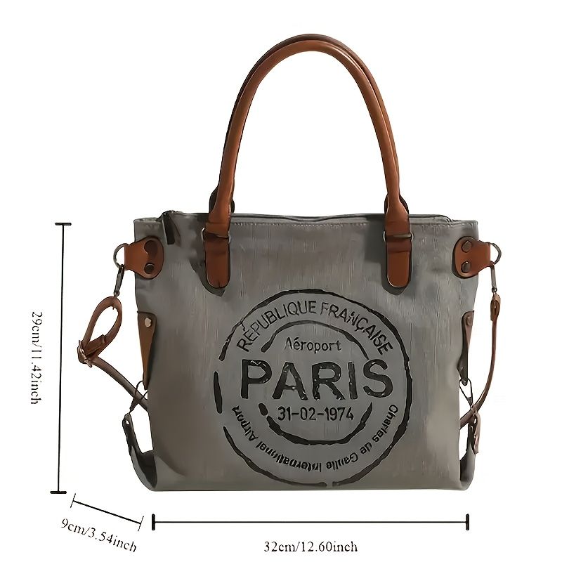 [Parisian Tote] Large Capacity Tote Bag With Parisian Monogram Print | Women's Fashion Shoulder Bags And Crossbody Bags - Detachable Shoulder Strap, Zipper Closure, Polyester Lining, Travel Shoulder
