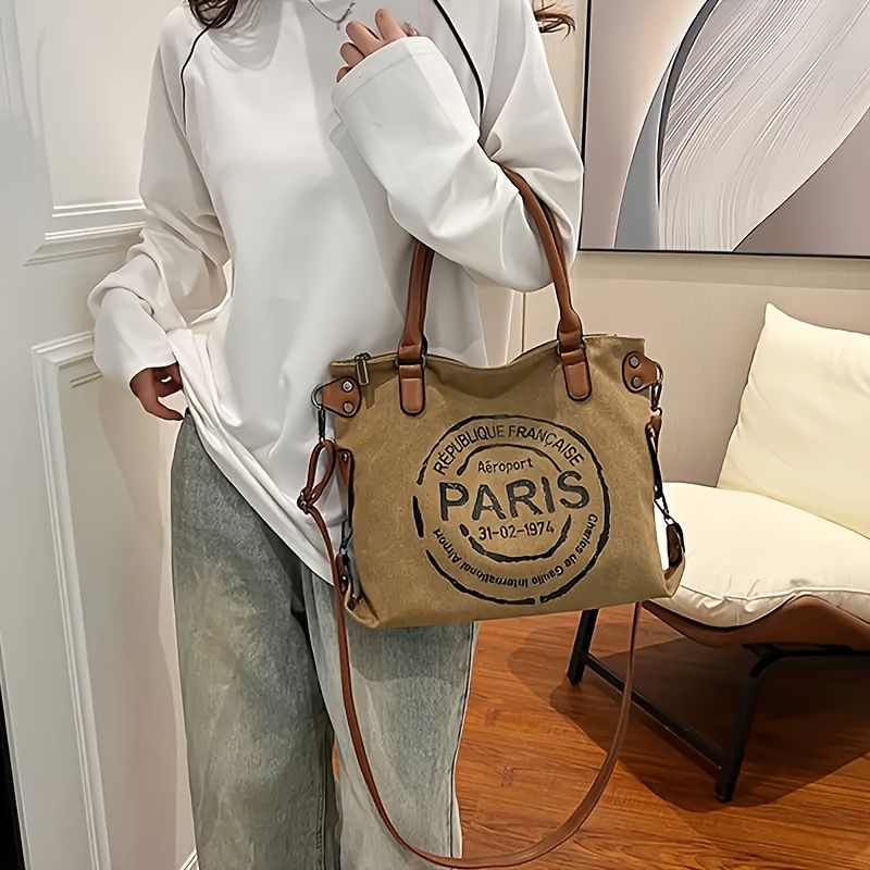 [Parisian Tote] Large Capacity Tote Bag With Parisian Monogram Print | Women's Fashion Shoulder Bags And Crossbody Bags - Detachable Shoulder Strap, Zipper Closure, Polyester Lining, Travel Shoulder