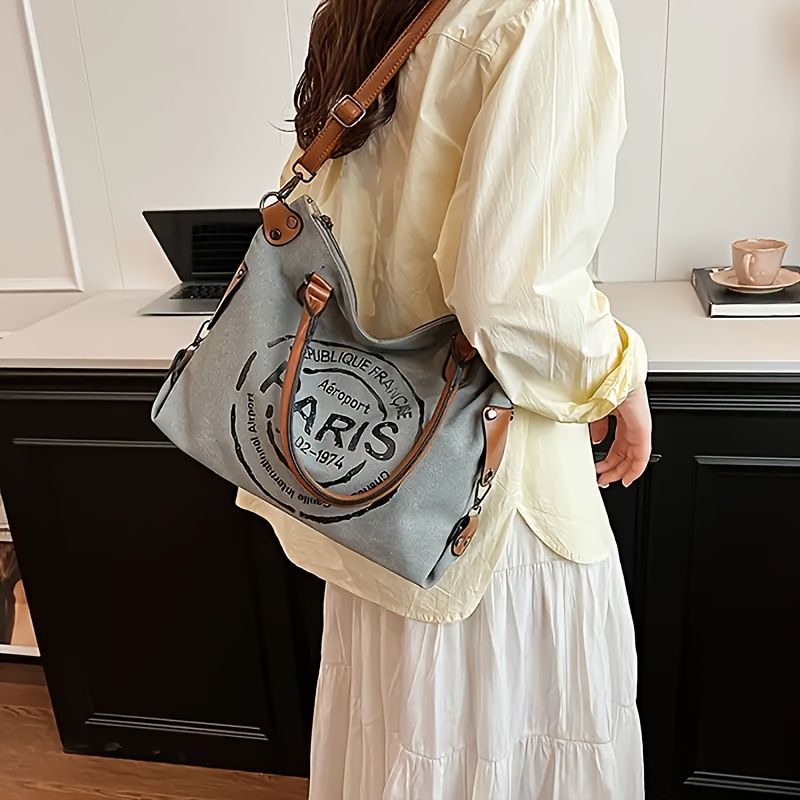[Parisian Tote] Large Capacity Tote Bag With Parisian Monogram Print | Women's Fashion Shoulder Bags And Crossbody Bags - Detachable Shoulder Strap, Zipper Closure, Polyester Lining, Travel Shoulder