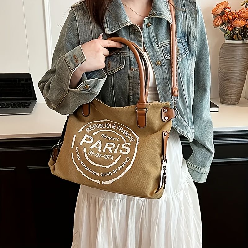 [Parisian Tote] Large Capacity Tote Bag With Parisian Monogram Print | Women's Fashion Shoulder Bags And Crossbody Bags - Detachable Shoulder Strap, Zipper Closure, Polyester Lining, Travel Shoulder