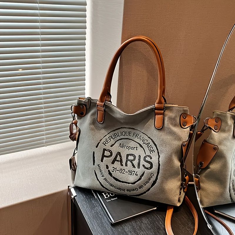 [Parisian Tote] Large Capacity Tote Bag With Parisian Monogram Print | Women's Fashion Shoulder Bags And Crossbody Bags - Detachable Shoulder Strap, Zipper Closure, Polyester Lining, Travel Shoulder