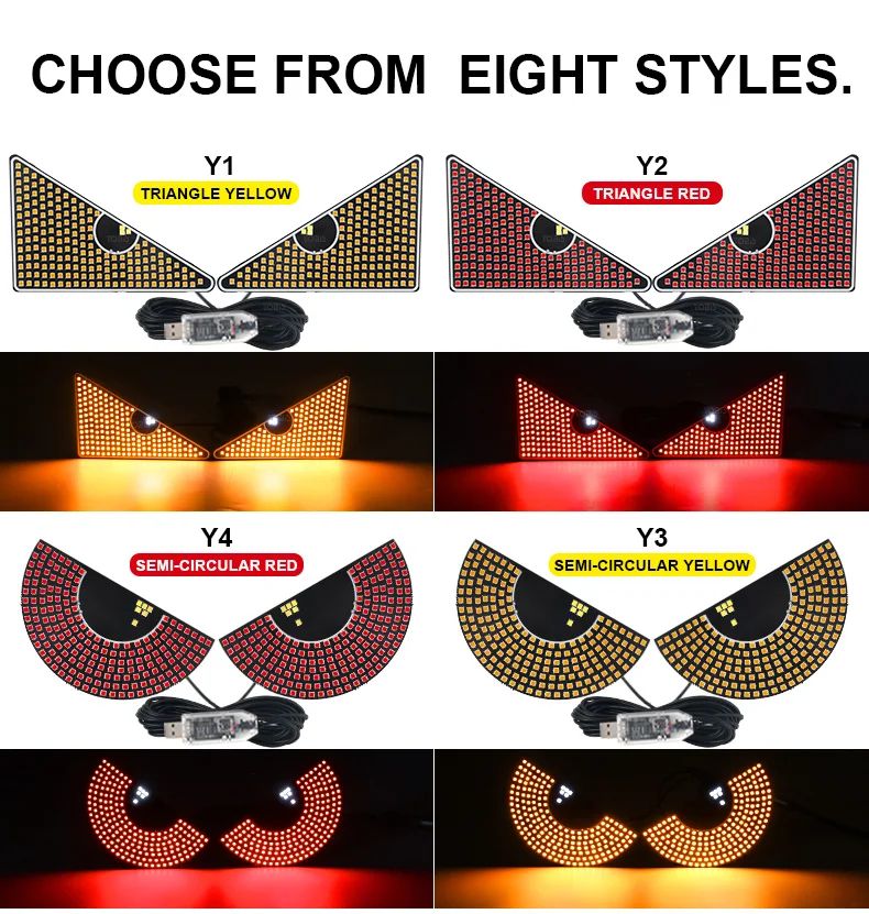 2PCS LED Signal Lights Car Expression Strobe Warning Light For Car Windshield USB Flashing Devil’s Eyes Glow Flexible LED Panel