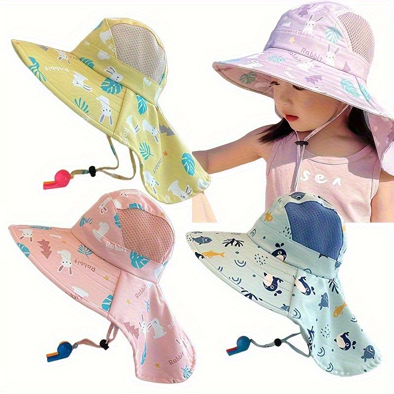 Anti UV Kids Summer Baby Sun Hat Bucket Cap With Whistle For Girls Boys Outdoor Neck Ear Cover Beach Cap