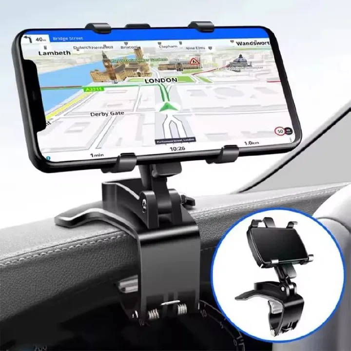 Car Phone Holder, 360 Degree Rotating Dashboard Car Phone Mount with Adjustable Spring Clip for 4-7in Smartphones
