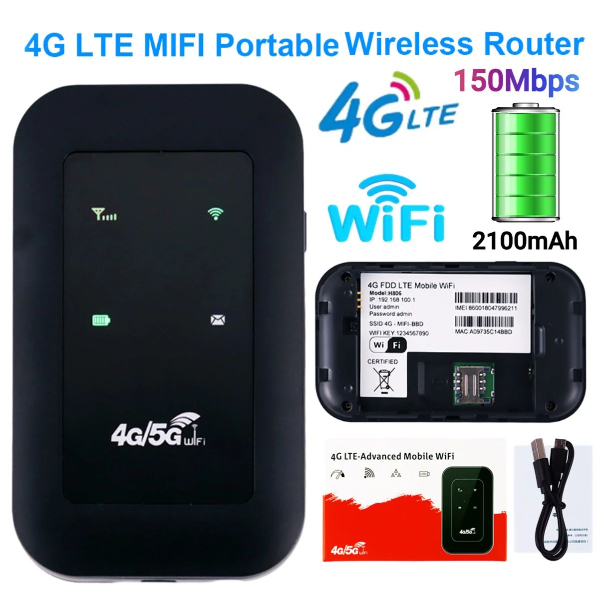 4G/5G Mobile WIFI Router 150Mbps 4G LTE Wireless Router 3100mA Portable Pocket MiFi Modem Mobile WiFi Hotspot with Sim Card Slot