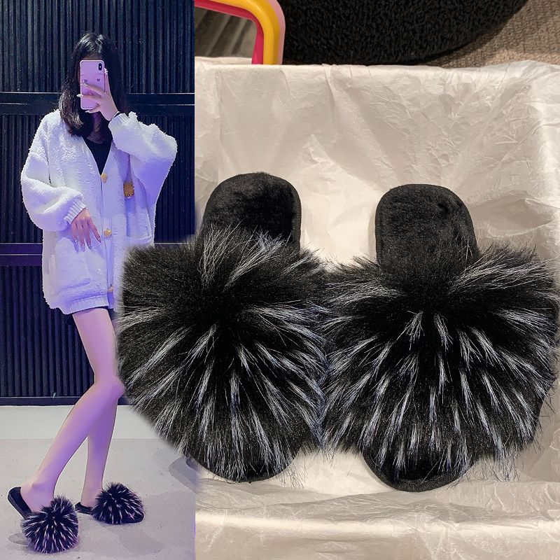 Fur Slippers Summer Ladies Fox Fur Slippers Home Fluffy Flat Sandals Anti-slip Fluffy Flip Flops Ladies Cute Shaggy Shoes