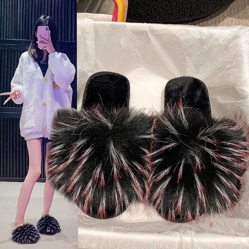Fur Slippers Summer Ladies Fox Fur Slippers Home Fluffy Flat Sandals Anti-slip Fluffy Flip Flops Ladies Cute Shaggy Shoes