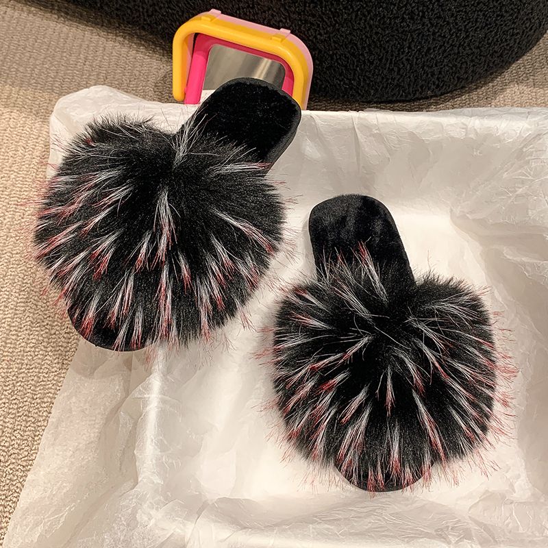 Fur Slippers Summer Ladies Fox Fur Slippers Home Fluffy Flat Sandals Anti-slip Fluffy Flip Flops Ladies Cute Shaggy Shoes