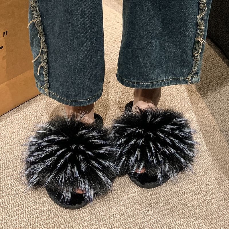 Fur Slippers Summer Ladies Fox Fur Slippers Home Fluffy Flat Sandals Anti-slip Fluffy Flip Flops Ladies Cute Shaggy Shoes