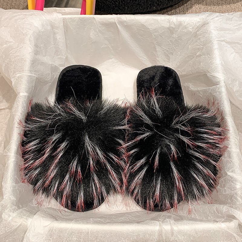 Fur Slippers Summer Ladies Fox Fur Slippers Home Fluffy Flat Sandals Anti-slip Fluffy Flip Flops Ladies Cute Shaggy Shoes