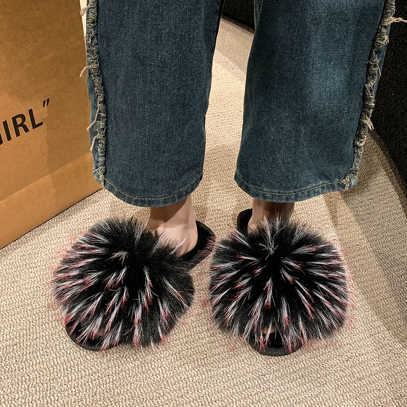 Fur Slippers Summer Ladies Fox Fur Slippers Home Fluffy Flat Sandals Anti-slip Fluffy Flip Flops Ladies Cute Shaggy Shoes
