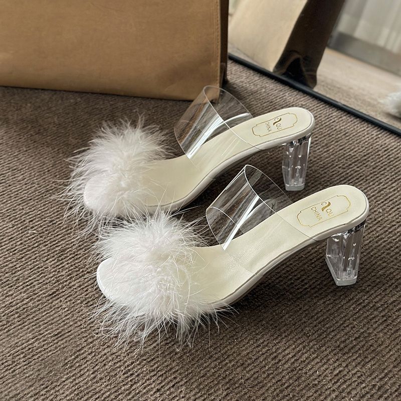 New Summer Fluffy Open Toe Sexy High Heeled Women's Shoes Mule Sandals Fur Feather Ladies Fashion Slippers Square Toe Women Sandals
