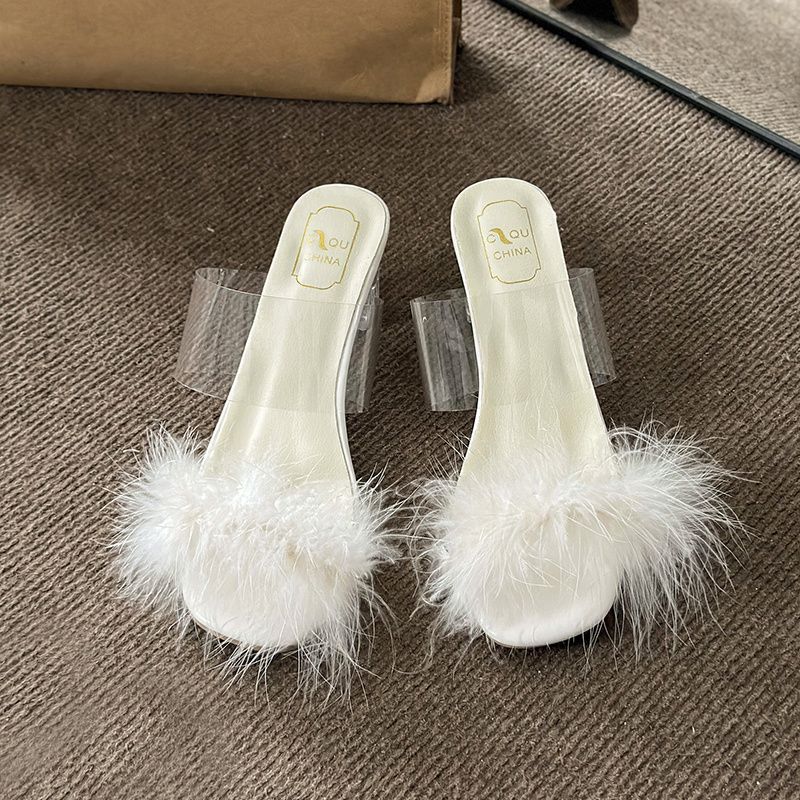 New Summer Fluffy Open Toe Sexy High Heeled Women's Shoes Mule Sandals Fur Feather Ladies Fashion Slippers Square Toe Women Sandals