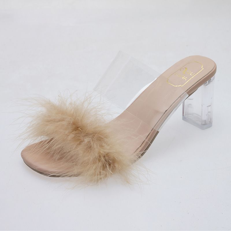New Summer Fluffy Open Toe Sexy High Heeled Women's Shoes Mule Sandals Fur Feather Ladies Fashion Slippers Square Toe Women Sandals