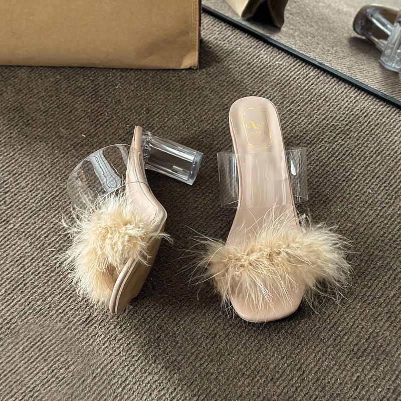 New Summer Fluffy Open Toe Sexy High Heeled Women's Shoes Mule Sandals Fur Feather Ladies Fashion Slippers Square Toe Women Sandals