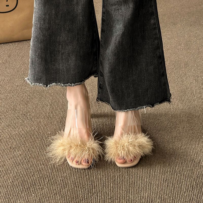 New Summer Fluffy Open Toe Sexy High Heeled Women's Shoes Mule Sandals Fur Feather Ladies Fashion Slippers Square Toe Women Sandals