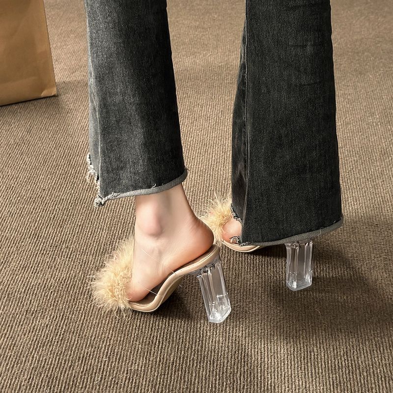 New Summer Fluffy Open Toe Sexy High Heeled Women's Shoes Mule Sandals Fur Feather Ladies Fashion Slippers Square Toe Women Sandals