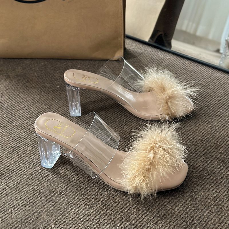 New Summer Fluffy Open Toe Sexy High Heeled Women's Shoes Mule Sandals Fur Feather Ladies Fashion Slippers Square Toe Women Sandals